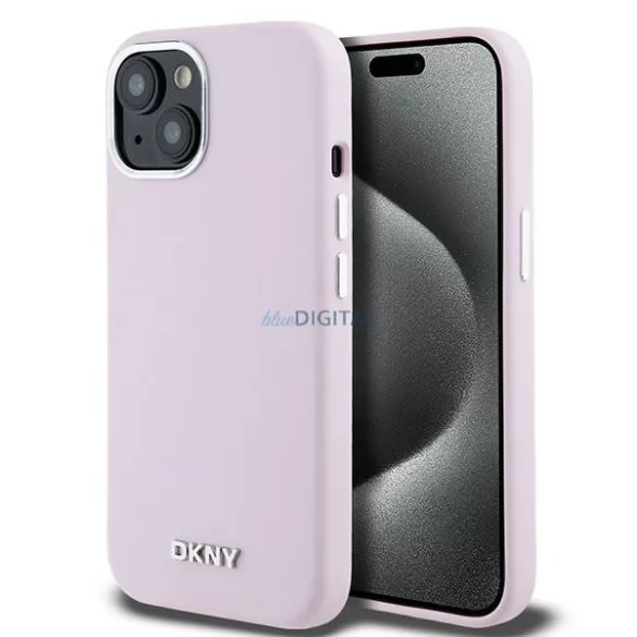 DKNY DKHMP15SSMCHLP Liquid Silicone Small Metal Logo MagSafe-kompatibilis tok iPhone 15 - rózsaszín