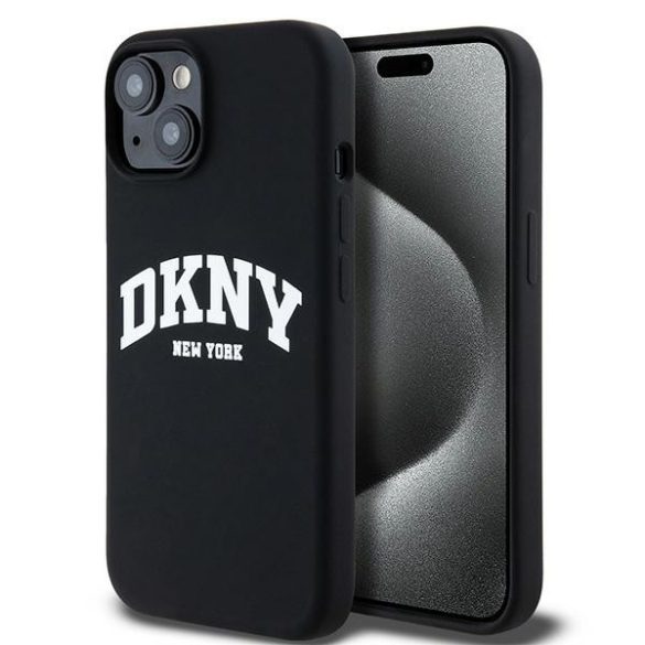 DKNY DKHMP15SSNYACH Liquid Silicone White Printed Logo MagSafe-kompatibilis tok iPhone 15 - fekete