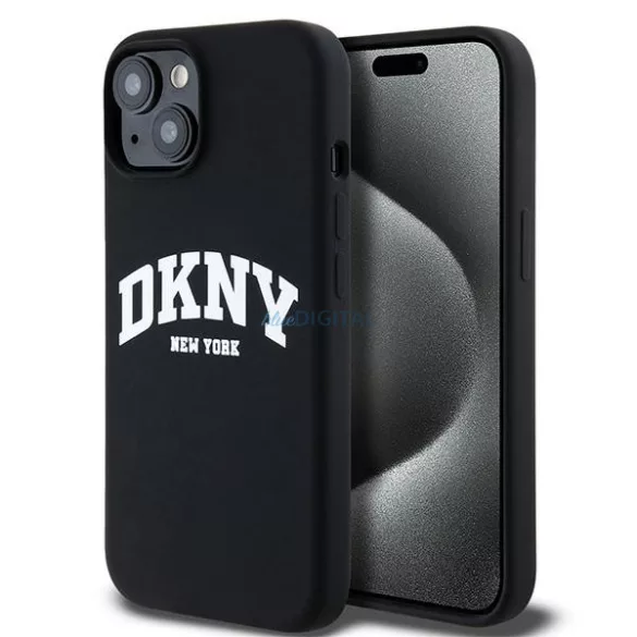 DKNY DKHMP15MSNYACH Liquid Silicone White Printed Logo MagSafe-kompatibilis tok iPhone 15 Plus - fekete