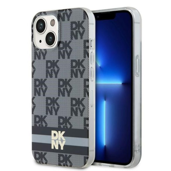 DKNY DKHMP14SHCPTSK IML Checkered Mono Pattern & Printed Stripes MagSafe-kompatibilis tok iPhone 14 / 15 / 13 - fekete