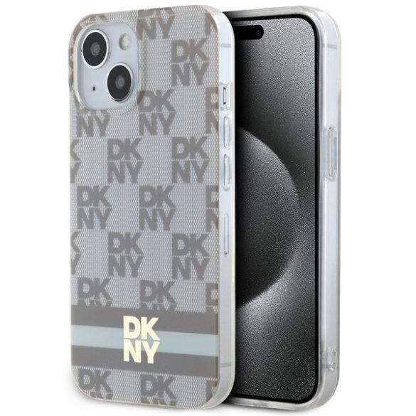 DKNY DKHMP14SHCPTSE IML Checkered Mono Pattern & Printed Stripes MagSafe-kompatibilis tok iPhone 14 / 15 / 13 - bézs