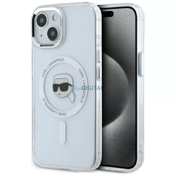 Karl Lagerfeld IML fém „Karl Head” MagSafe tok iPhone 15 Plus, fehér