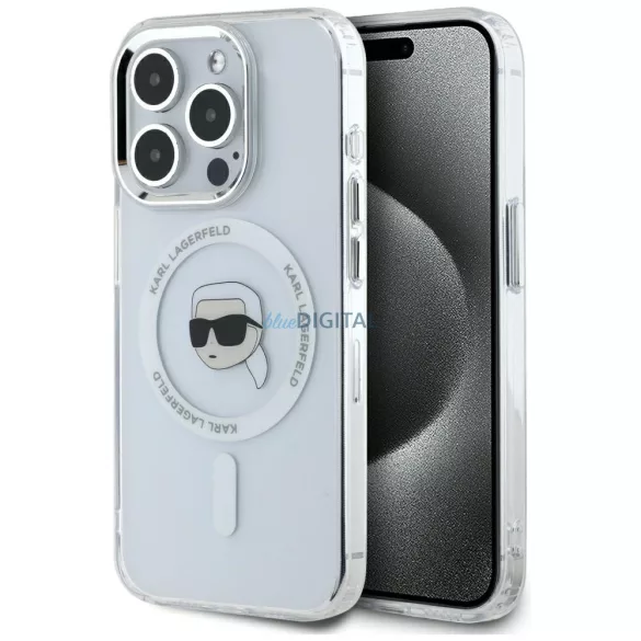 Karl Lagerfeld IML fém „Karl Head” MagSafe tok iPhone 15 Pro, fehér