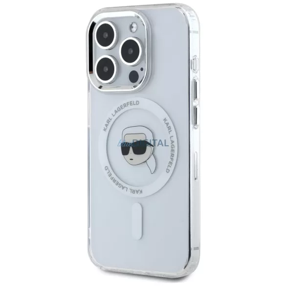 Karl Lagerfeld IML fém „Karl Head” MagSafe tok iPhone 15 Pro, fehér