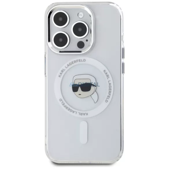 Karl Lagerfeld IML fém „Karl Head” MagSafe tok iPhone 15 Pro, fehér