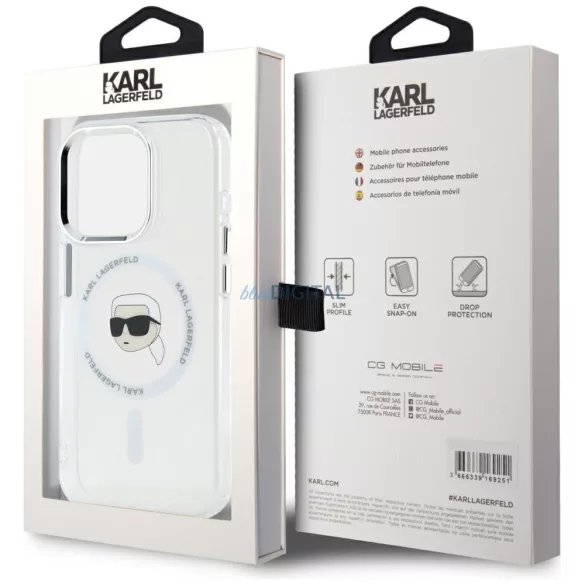 Karl Lagerfeld IML fém „Karl Head” MagSafe tok iPhone 15 Pro, fehér