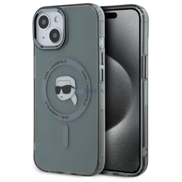 Karl Lagerfeld KLHMP15SHLSKIK IML Metal Karl Head MagSafe-kompatibilis keménytok iPhone 15 - szürke átlátszó