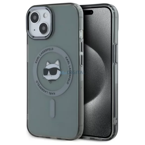 Karl Lagerfeld KLHMP15SHLSCHK IML Metal Choupette Head MagSafe-kompatibilis keménytok iPhone 15 - szürke átlátszó