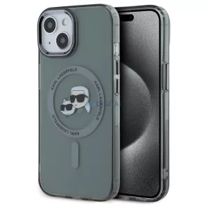 Karl Lagerfeld KLHMP15SHLSKCK IML Metal Karl&Choupette Head MagSafe-kompatibilis keménytok iPhone 15 - szürke átlátszó