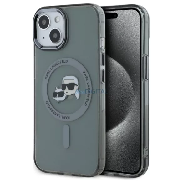 Karl Lagerfeld KLHMP15SHLSKCK IML Metal Karl&Choupette Head MagSafe-kompatibilis keménytok iPhone 15 - szürke átlátszó