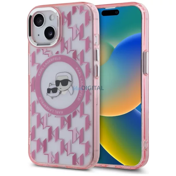 Karl Lagerfeld KLHMP15SHMCKMHP IML Monogram Karl&Choupette Head MagSafe tok iPhone 15 - rózsaszín