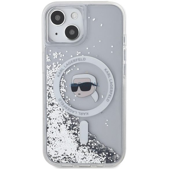 Karl Lagerfeld KLHMP15SLGKISGH Liquid Glitter Karl Head MagSafe-kompatibilis tok iPhone 15/14/13 - átlátszó