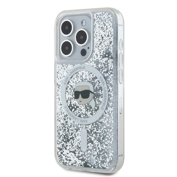 Karl Lagerfeld KLHMP15LLGKISGH Liquid Glitter Karl Head MagSafe-kompatibilis tok iPhone 15 Pro - átlátszó