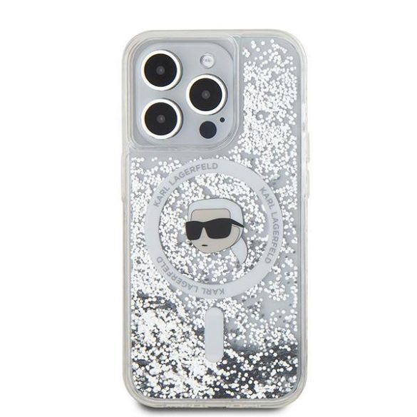 Karl Lagerfeld KLHMP15LLGKISGH Liquid Glitter Karl Head MagSafe-kompatibilis tok iPhone 15 Pro - átlátszó