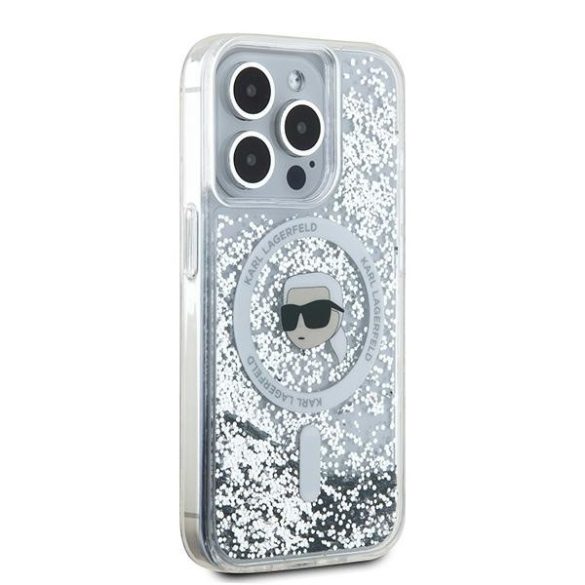 Karl Lagerfeld KLHMP15LLGKISGH Liquid Glitter Karl Head MagSafe-kompatibilis tok iPhone 15 Pro - átlátszó