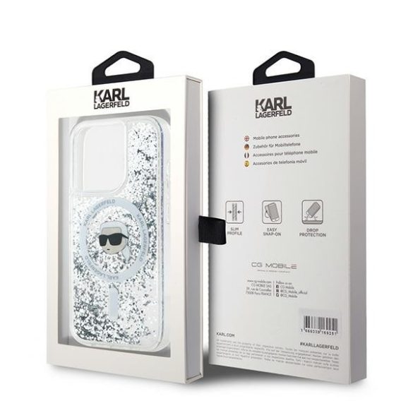 Karl Lagerfeld KLHMP15LLGKISGH Liquid Glitter Karl Head MagSafe-kompatibilis tok iPhone 15 Pro - átlátszó