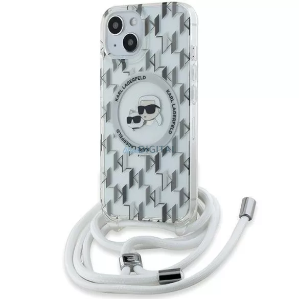 Karl Lagerfeld KLHMP15SHCKCKLCT IML Crossbody Monogram Karl & Choupette Head MagSafe-kompatibilis tok iPhone 15 – átlátszó