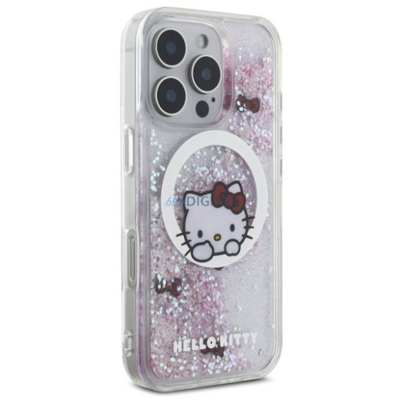 Hello Kitty HKHMP16LLSWKH Liquid Glitter Sweet Kitty Bows MagSafe-kompatibilis keménytok iPhone 16 Pro - fehér