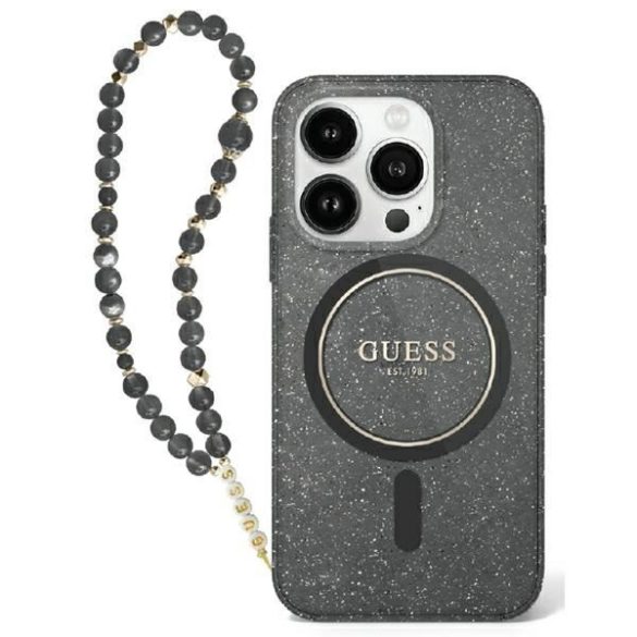 Guess GUHMP16SHGCRELSK IML Glitter With Pearl Strap MagSafe keménytok iPhone 16 - fekete