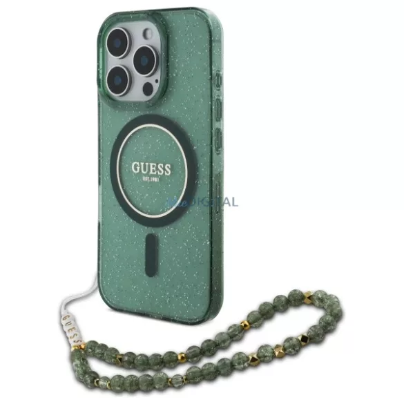 Guess GUHMP16XHGCRELSA IML Glitter With Pearl Strap MagSafe keménytok iPhone 16 Pro Max - zöld