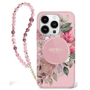 Guess GUHMP16MHFWBRCESP IML Flowers With Pearl Strap MagSafe keménytok iPhone 16 Plus - rózsaszín