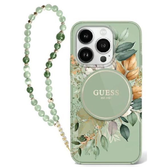 Guess GUHMP16SHFWBRCESN IML Flowers With Pearl Strap MagSafe keménytok iPhone 16 - zöld