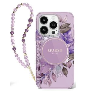 Guess GUHMP16SHFWBRCESU IML Flowers With Pearl Strap MagSafe keménytok iPhone 16 - lila