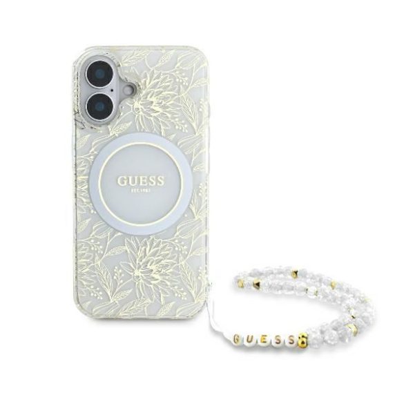 Guess GUHMP16SHCPOFPH IML Flowers Allover Electro With Pearl Strap MagSafe keménytok iPhone 16 - fehér