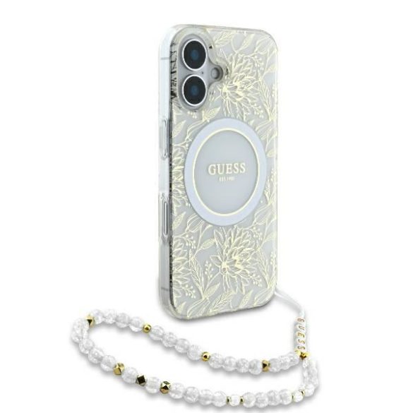 Guess GUHMP16SHCPOFPH IML Flowers Allover Electro With Pearl Strap MagSafe keménytok iPhone 16 - fehér