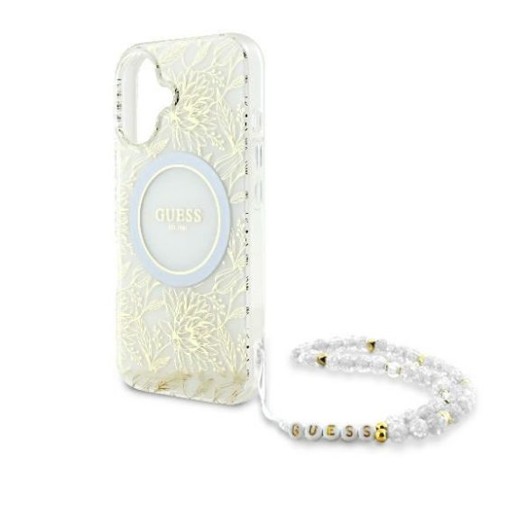 Guess GUHMP16SHCPOFPH IML Flowers Allover Electro With Pearl Strap MagSafe keménytok iPhone 16 - fehér