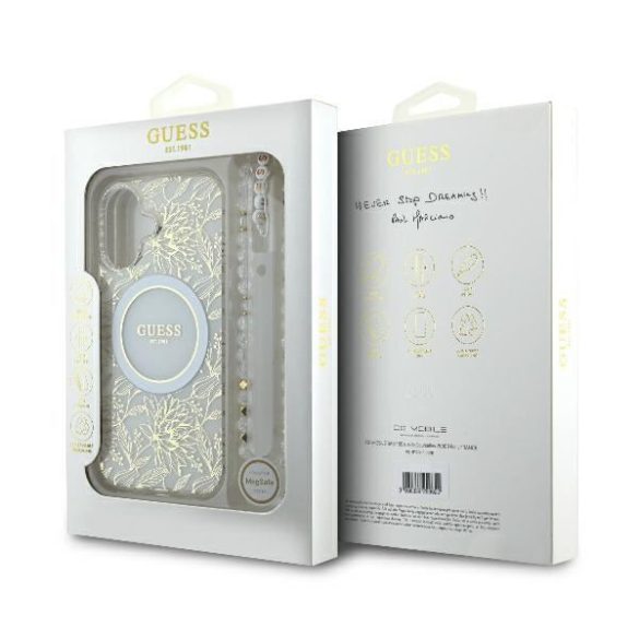 Guess GUHMP16SHCPOFPH IML Flowers Allover Electro With Pearl Strap MagSafe keménytok iPhone 16 - fehér