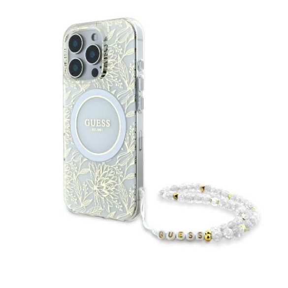 Guess GUHMP16LHCPOFPH IML Flowers Allover Electro With Pearl Strap MagSafe keménytok iPhone 16 Pro - fehér