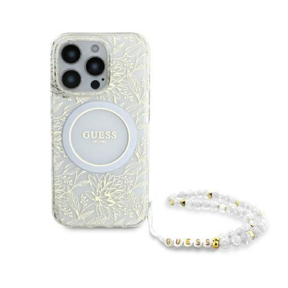 Guess GUHMP16LHCPOFPH IML Flowers Allover Electro With Pearl Strap MagSafe keménytok iPhone 16 Pro - fehér