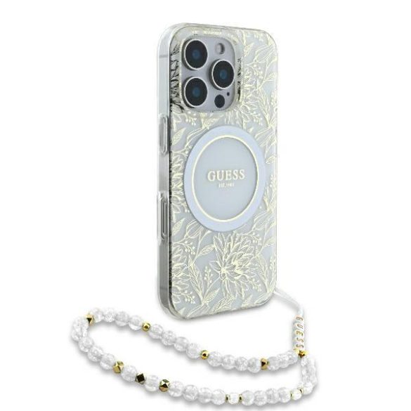 Guess GUHMP16LHCPOFPH IML Flowers Allover Electro With Pearl Strap MagSafe keménytok iPhone 16 Pro - fehér