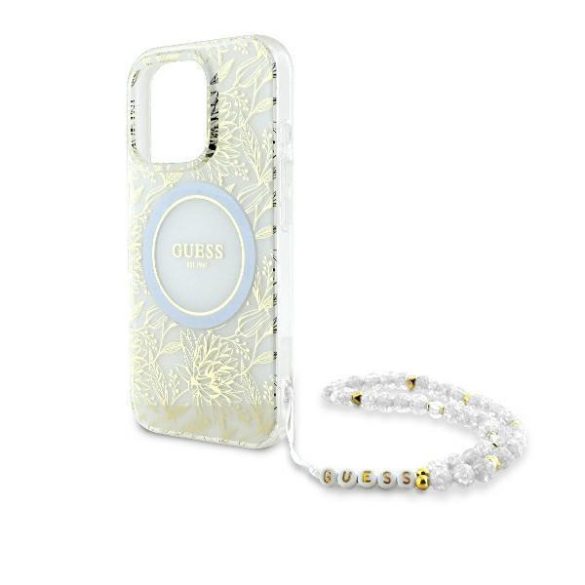 Guess GUHMP16LHCPOFPH IML Flowers Allover Electro With Pearl Strap MagSafe keménytok iPhone 16 Pro - fehér