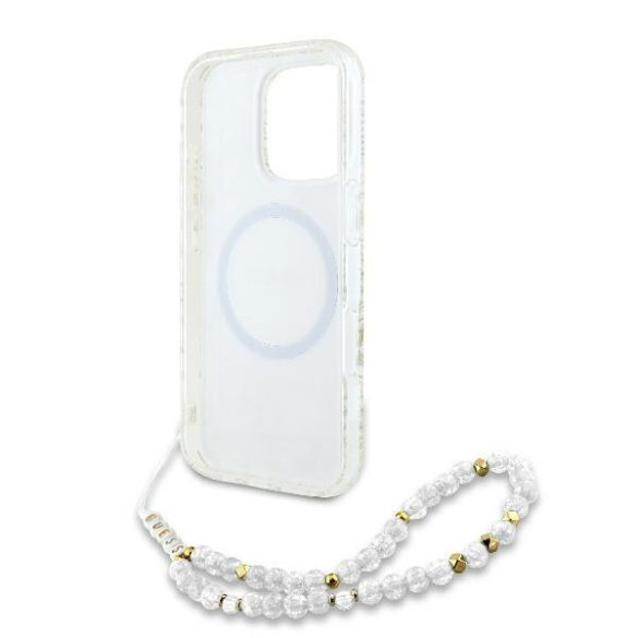 Guess GUHMP16LHCPOFPH IML Flowers Allover Electro With Pearl Strap MagSafe keménytok iPhone 16 Pro - fehér
