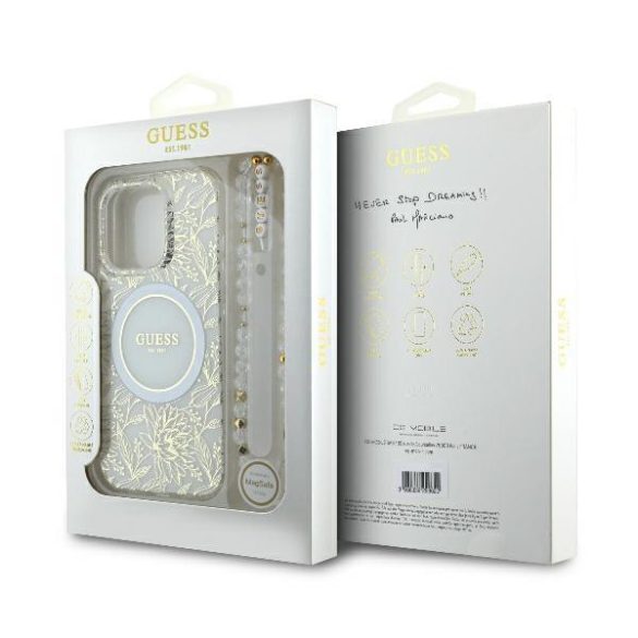 Guess GUHMP16LHCPOFPH IML Flowers Allover Electro With Pearl Strap MagSafe keménytok iPhone 16 Pro - fehér