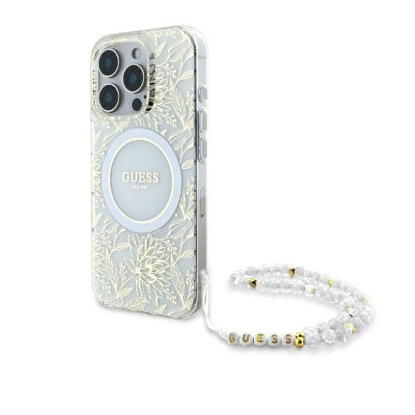 Guess GUHMP16XHCPOFPH IML Flowers Allover Electro With Pearl Strap MagSafe keménytok iPhone 16 Pro Max - fehér