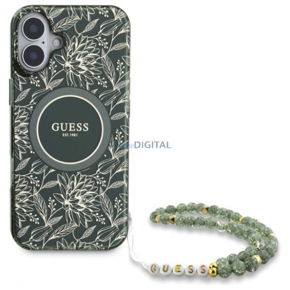 Guess GUHMP16SHCPOFPA IML Flowers Allover Electro With Pearl Strap MagSafe keménytok iPhone 16 - zöld