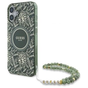 Guess GUHMP16MHCPOFPA IML Flowers Allover Electro With Pearl Strap MagSafe keménytok iPhone 16 Plus - zöld