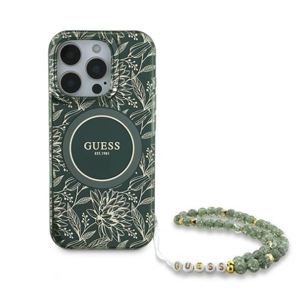 Guess GUHMP16LHCPOFPA IML Flowers Allover Electro With Pearl Strap MagSafe keménytok iPhone 16 Pro - zöld