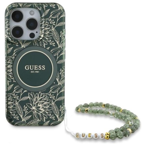 Guess GUHMP16XHCPOFPA IML Flowers Allover Electro With Pearl Strap MagSafe-kompatibilis tok iPhone 16 Pro Max - zöld