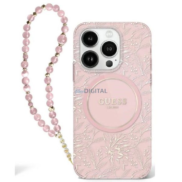 Guess GUHMP16SHCPOFPP IML Flowers Allover Electro With Pearl Strap MagSafe keménytok iPhone 16 - rózsaszín