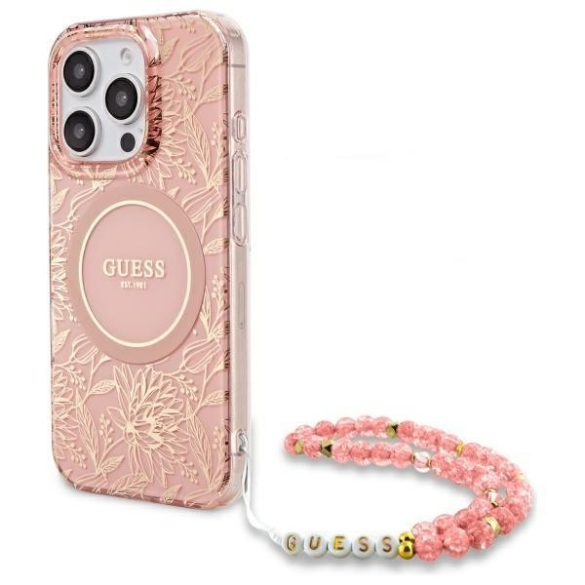 Guess GUHMP16XHCPOFPP IML Flowers Allover Electro With Pearl Strap MagSafe-kompatibilis tok iPhone 16 Pro Max - rózsaszín