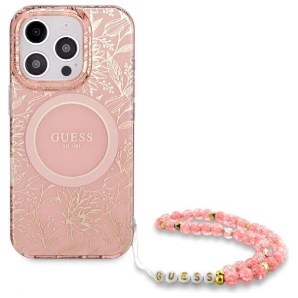 Guess GUHMP16XHCPOFPP IML Flowers Allover Electro With Pearl Strap MagSafe-kompatibilis tok iPhone 16 Pro Max - rózsaszín