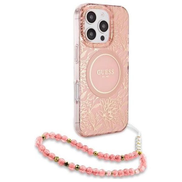 Guess GUHMP16XHCPOFPP IML Flowers Allover Electro With Pearl Strap MagSafe-kompatibilis tok iPhone 16 Pro Max - rózsaszín