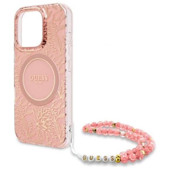 Guess GUHMP16XHCPOFPP IML Flowers Allover Electro With Pearl Strap MagSafe-kompatibilis tok iPhone 16 Pro Max - rózsaszín