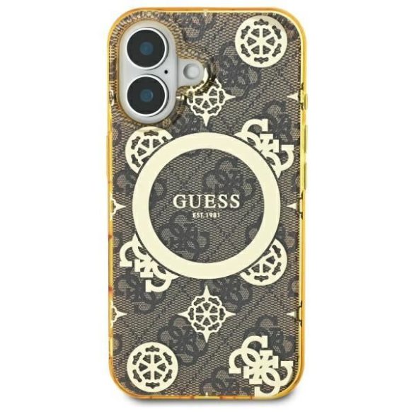 Guess GUHMP16SH4PYEEW IML Peony On 4G Background MagSafe keménytok iPhone 16 - barna