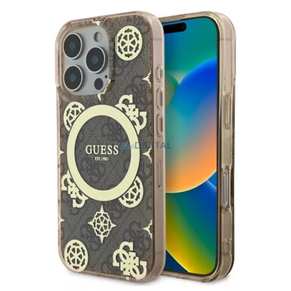Guess GUHMP16LH4PYEEW IML Peony On 4G Background MagSafe keménytok iPhone 16 Pro - barna