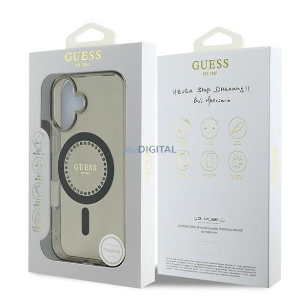 Guess GUHMP16MPFTDTEK IML Rhinestones MagSafe keménytok iPhone 16 Plus - fekete